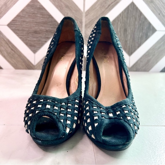 Duex lux vintage y2k suede black woven checkered peep toe wedge size 38 black - Picture 4 of 12